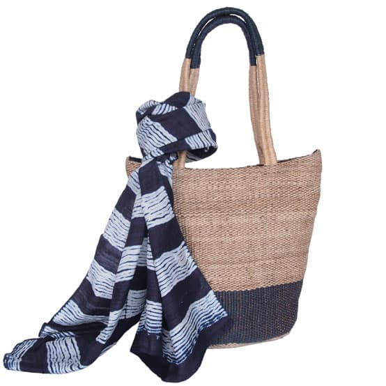 jute handbag selina indigo with silk shibori scarf